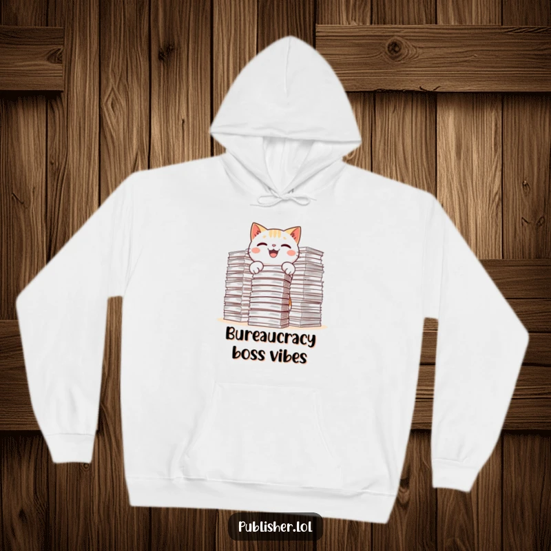 Funny Kawaii Cat Hoodie illustration of a cheerful cat joyfully burying itself in excessive amounts of paper documents.
