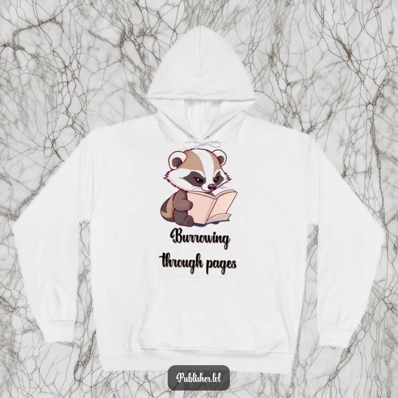 Funny Badger Hoodie: A diligent badger character squints intensely, inspecting book pages with focused determination.