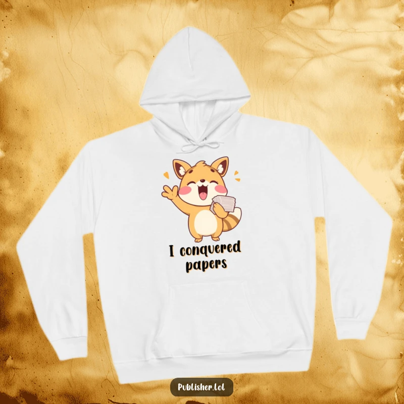 Funny hoodie with a playful animal character cheering with papers, perfect for cozy celebration and a funny gift.