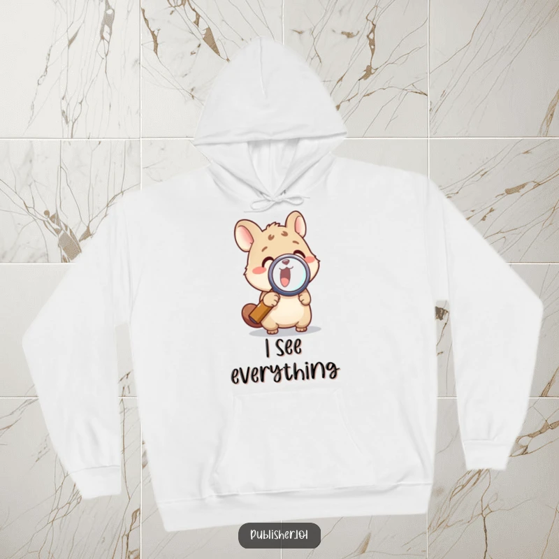 Funny hoodie with an animal character examining with a magnifying glass, perfect for cozy investigation and a funny gift.