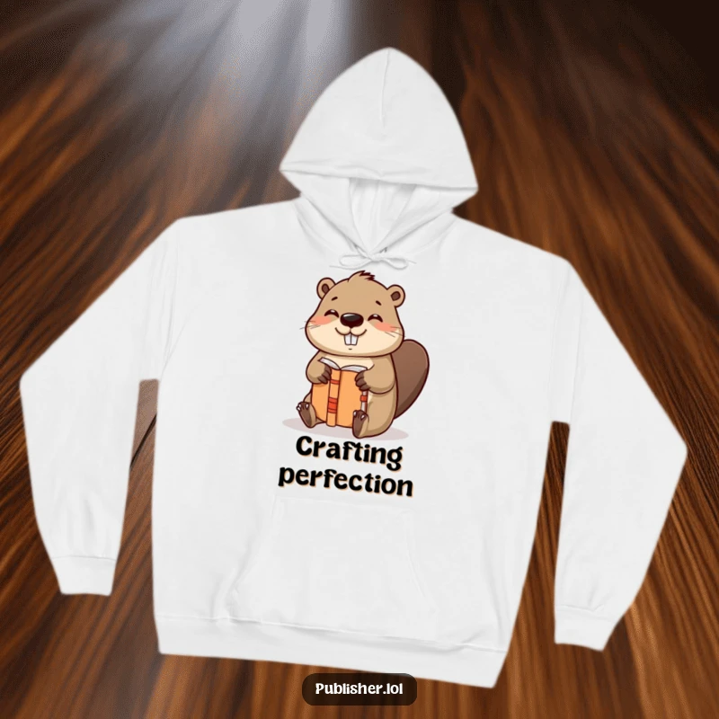 Funny hoodie with a helpful beaver character binding a book with gusto and a satisfied nod, perfect for cozy crafting sessions.