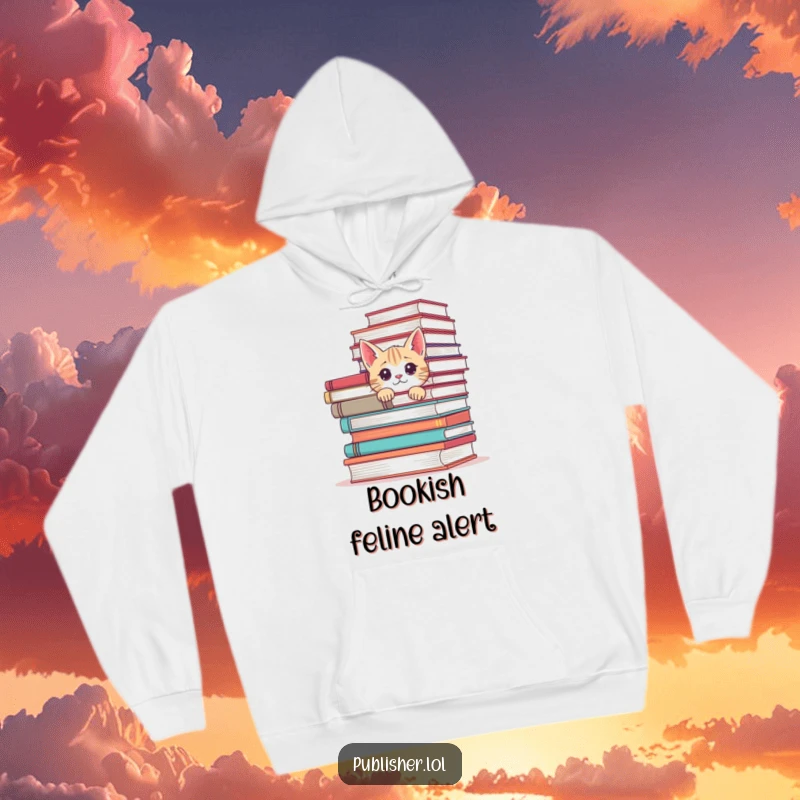 Funny and cozy hoodie with a curious cat peeking from behind a stack of books, ideal for cat lovers and readers.