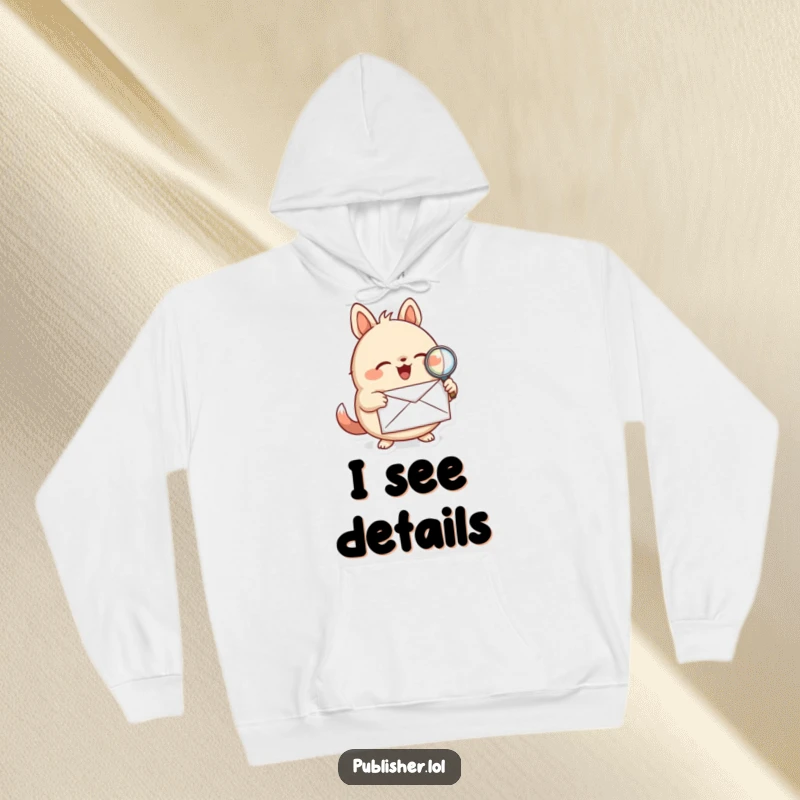 Funny hoodie with a round, curious animal character examining a letter under a magnifying glass, perfect for cozy, investigative moments.
