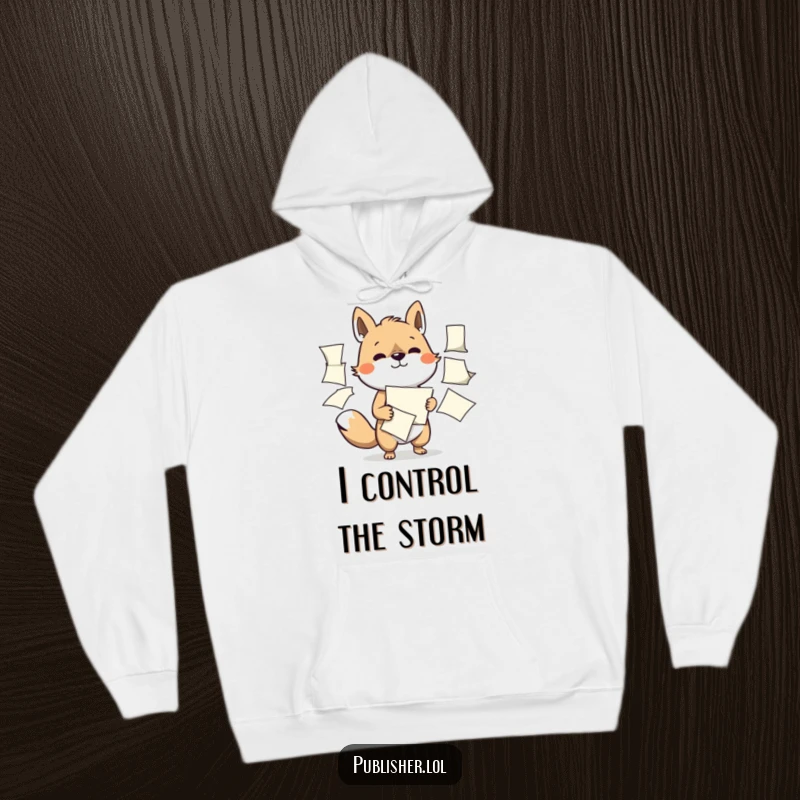 Funny hoodie with a determined animal character expertly managing multiple flapping papers, perfect for staying warm and focused.