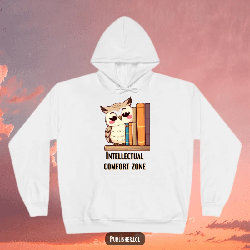 Funny hoodie with a thoughtful owl character surveying a shelf of published works with a serene smile, perfect for cozy study sessions.