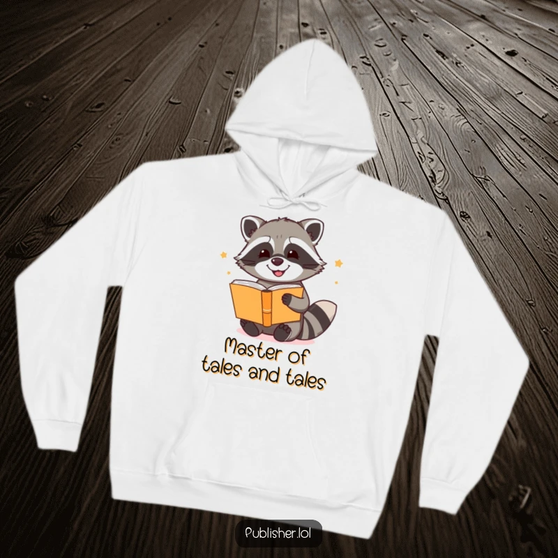 Funny hoodie showcasing a happy raccoon immersed in the art of bookbinding, exuding joy and creativity, a perfect gift for story lovers.