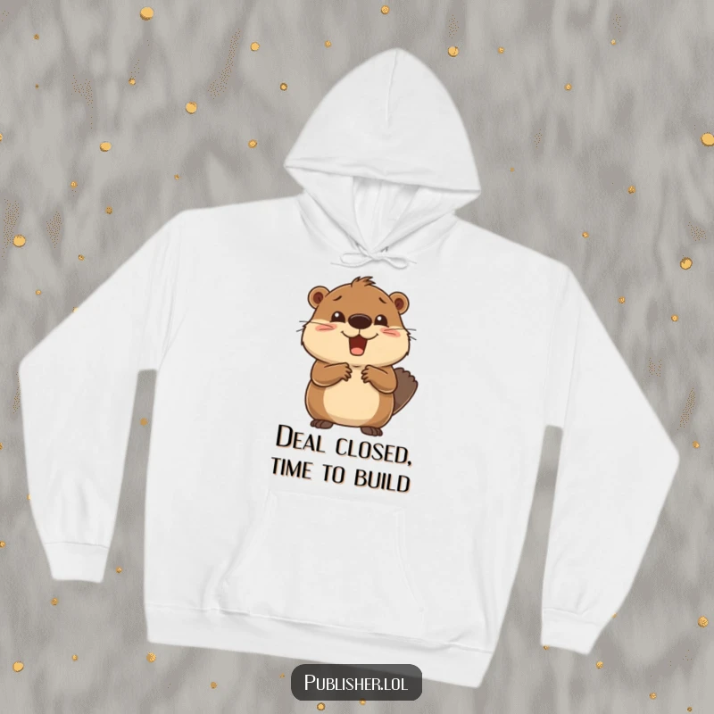 Funny Hoodie featuring a delighted beaver executing a deal-closed gesture with wide eyes and a handshake, perfect for celebrating business wins.