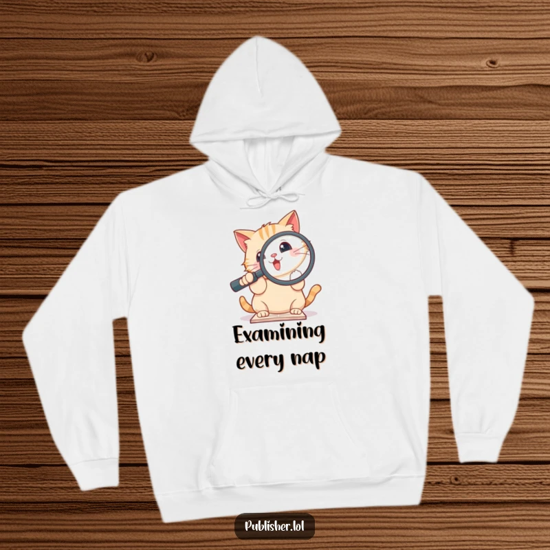 Funny hoodie featuring a cute cat holding a giant magnifying glass over a document, embodying a curious detective.