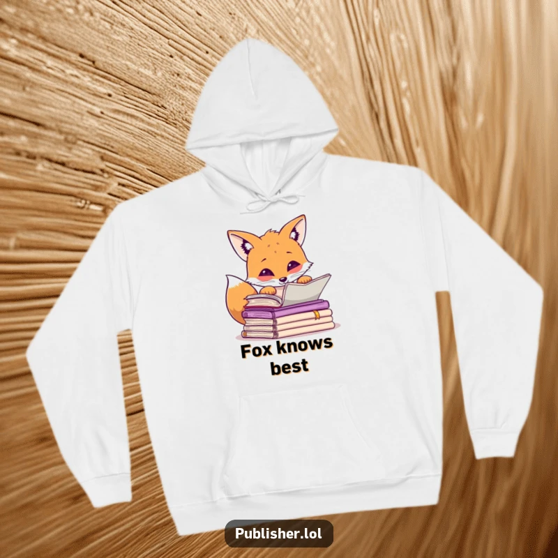 Funny curious fox with paw raised, peering over manuscripts, hooded sweatshirt for thinkers and scholars.