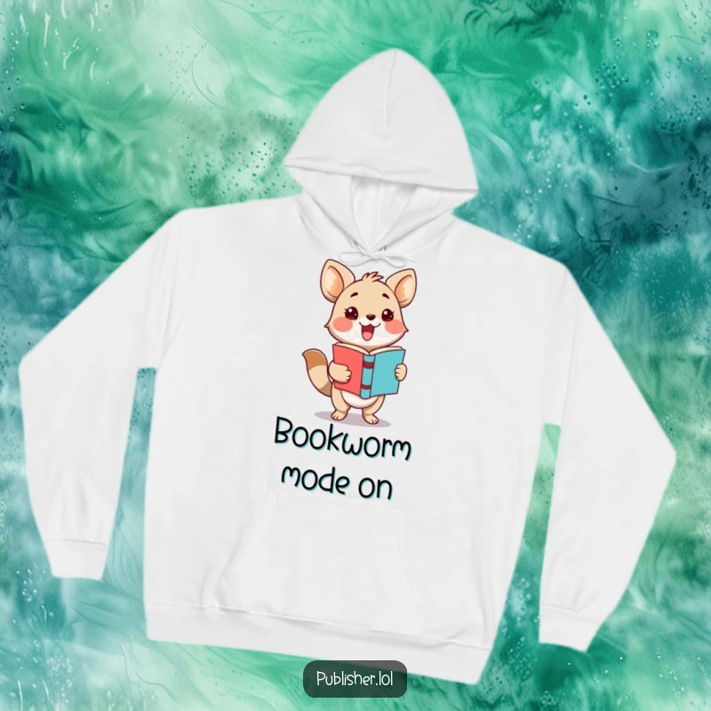 Funny hoodie featuring a cute, adorable animal character excitedly presenting a finished book with a grand, celebratory flourish.