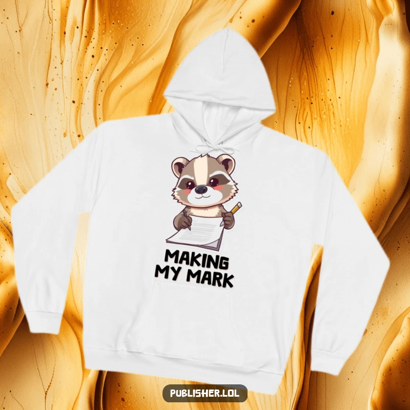 Funny badger hoodie, signing a document with a confident flourish, embodying determination and business success with humor.