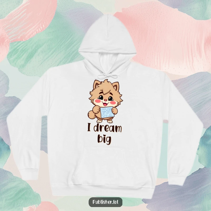 Funny Blueprint Project Hoodie featuring a cheerful, grinning furry character enthusiastically pointing at a blueprint, perfect for creators.