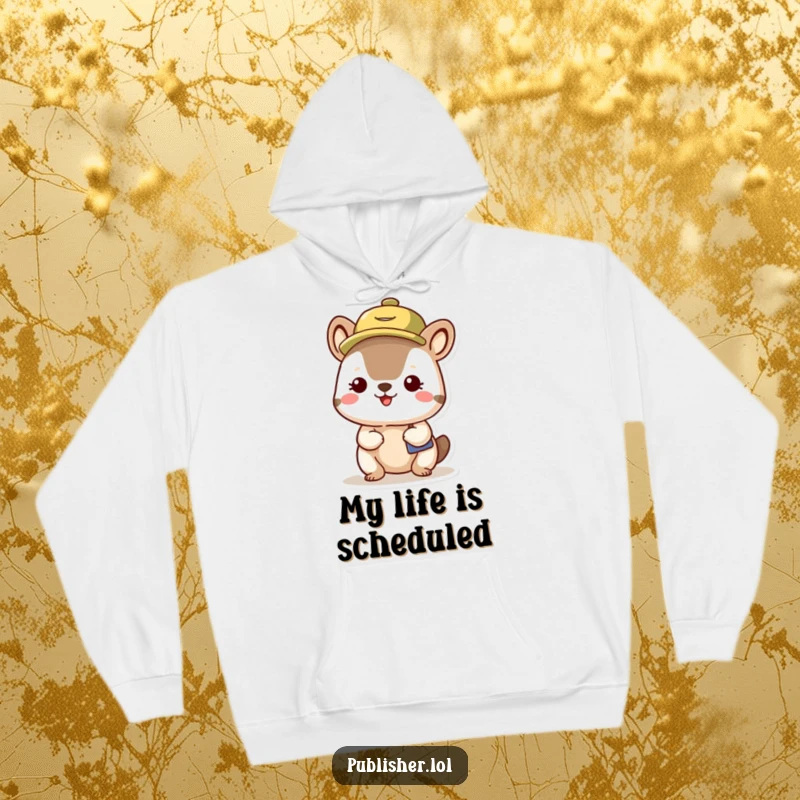 Funny Busy Schedule Animal Hoodie showcasing a happy, organized character with a busy schedule hat, perfect for chilly days and laughs.