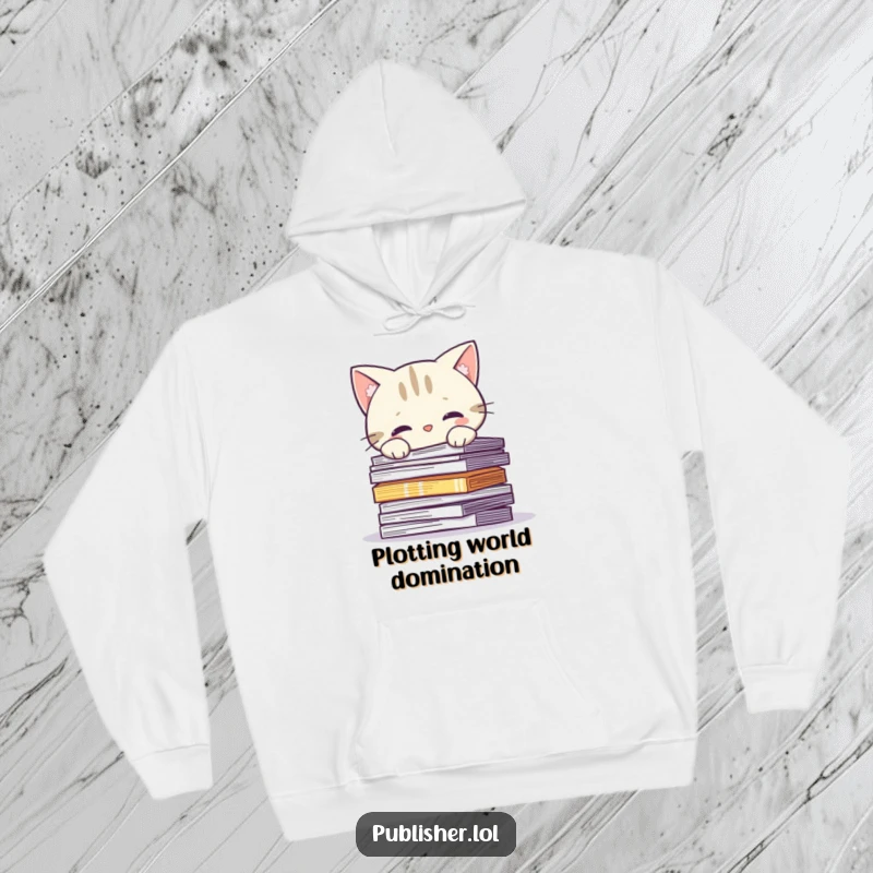 Funny Hoodie: Curious cat character peeks over a stack of printed pages, perfect for cozy reading sessions.