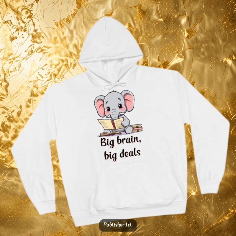 Funny hoodie with a wise elephant character contemplating a complex publishing contract, symbolizing literary deal-making.