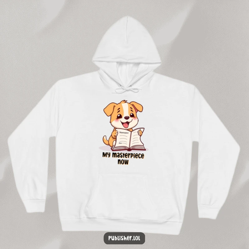 Funny Hoodie: Happy dog character enthusiastically barks at a finished manuscript, perfect for celebrating writing achievements.