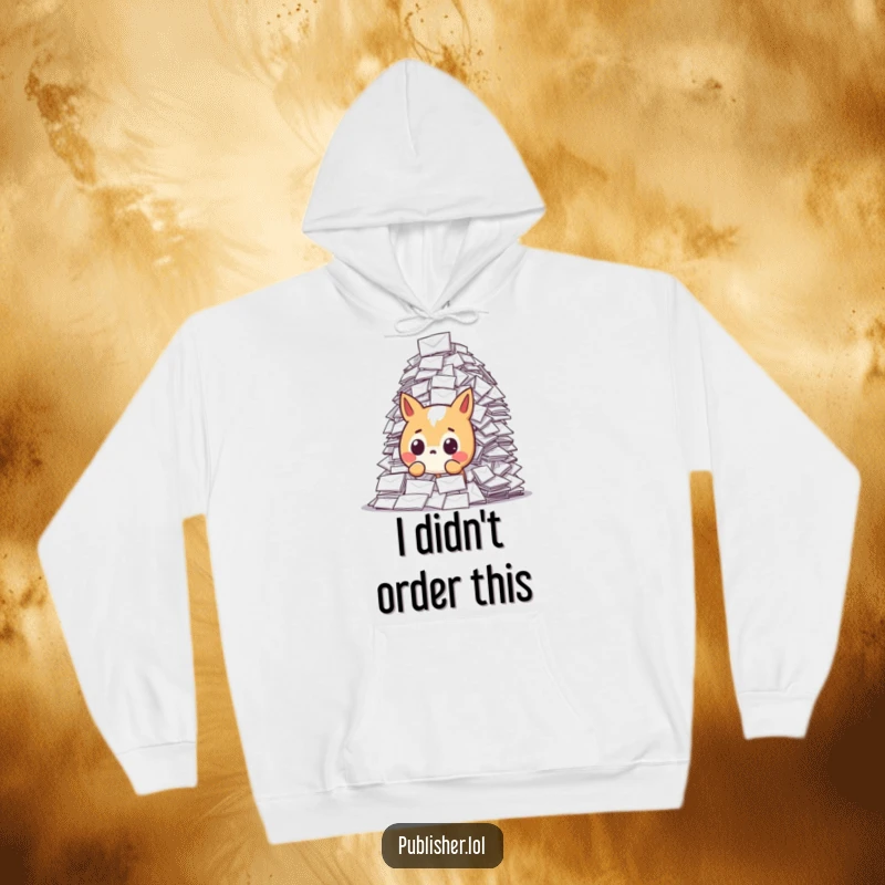 Funny hoodie with a startled animal character gazing at a colossal pile of letters, exuding relatable humor about mail quantity and surprise.