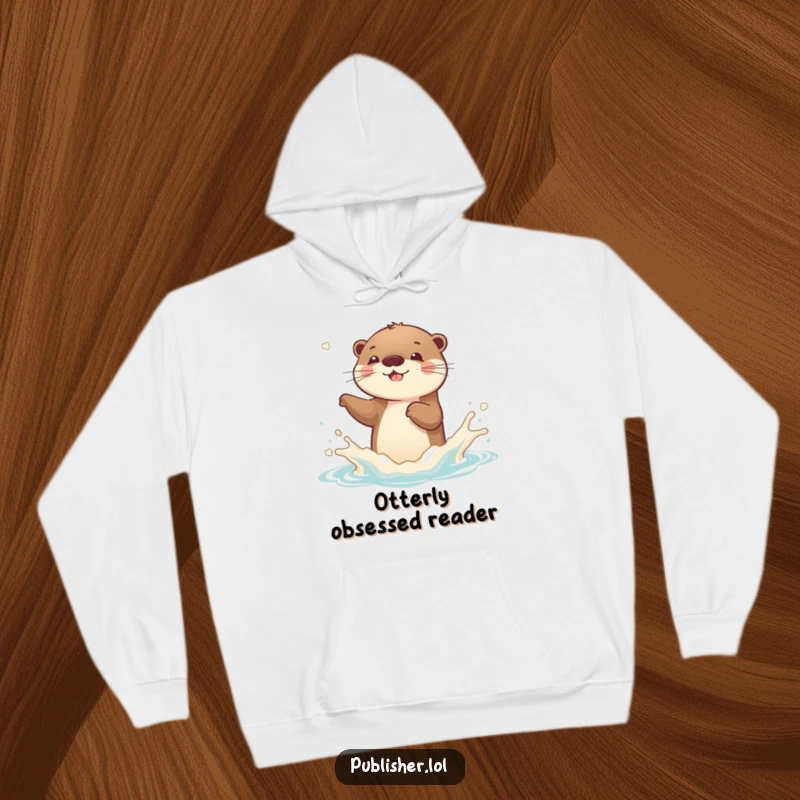 Funny Otter Hoodie: A happy otter character joyfully splashes a new book cover, symbolizing pure reading delight.