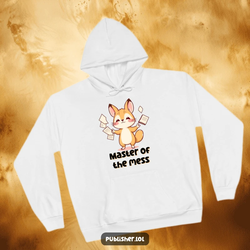 Funny hoodie featuring a cute tiny animal expertly juggling numerous papers with a look of focused, playful concentration.