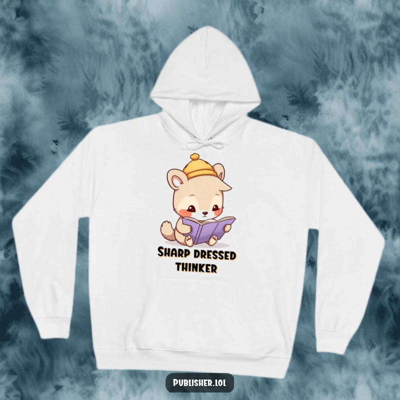 Funny hoodie featuring a whimsical animal character wearing a small hat, closely inspecting a page with intense focus and curiosity.