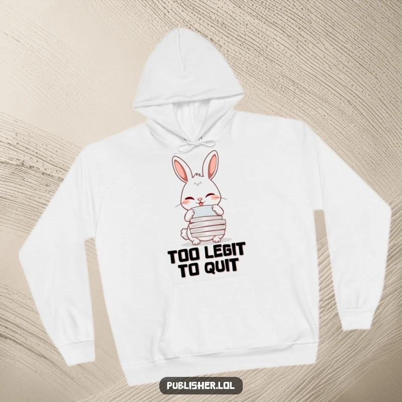 Funny winking rabbit adjusting papers with a meticulous grin, featured on a cozy hoodie.