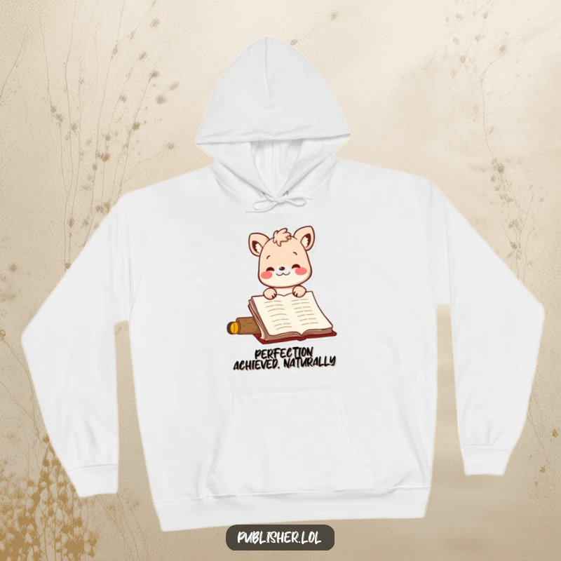 Funny hoodie with a cheerful animal character giving a prominent nod of approval to a manuscript, ideal for author appreciation and comfort.