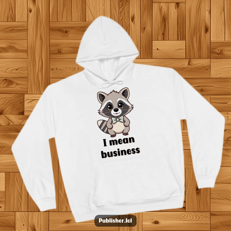 Funny kawaii raccoon hoodie showcasing a charming character in a bow tie looking very important, ideal for cozy and stylish wear.
