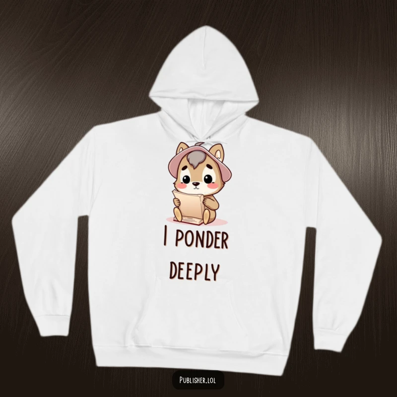 Funny hoodie with a curious animal character thoughtfully considering a large manuscript, perfect for cozy contemplation and intellectual pursuits.