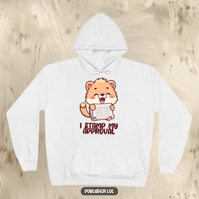 Funny hoodie with a fuzzy animal character stamping a document with great enthusiasm, perfect for comfort and a funny gift.