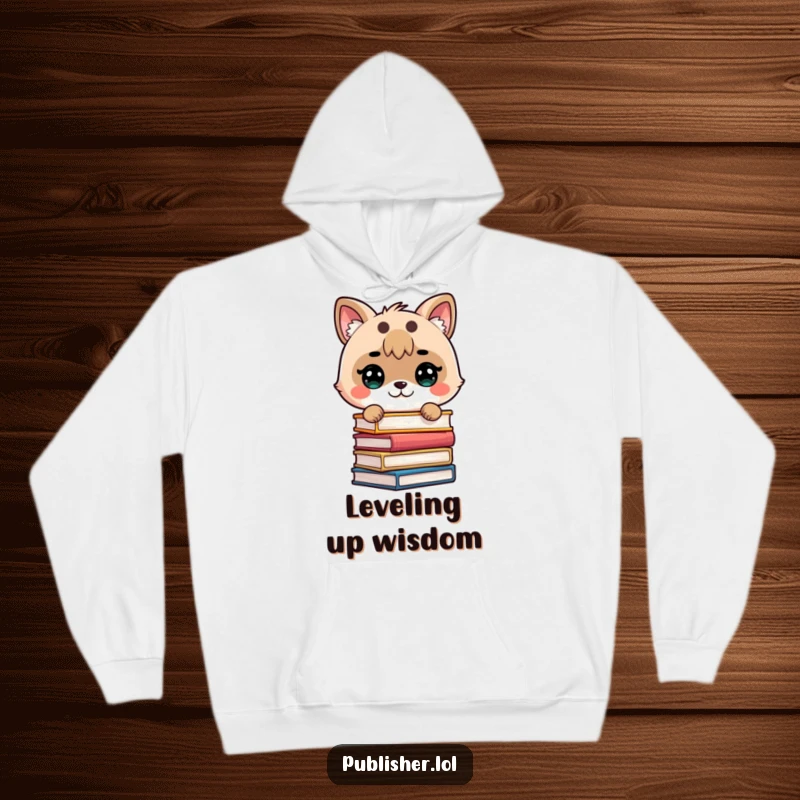 Funny hoodie featuring a determined cute animal stacking books with precision, perfect for cozy reading sessions and book lovers.