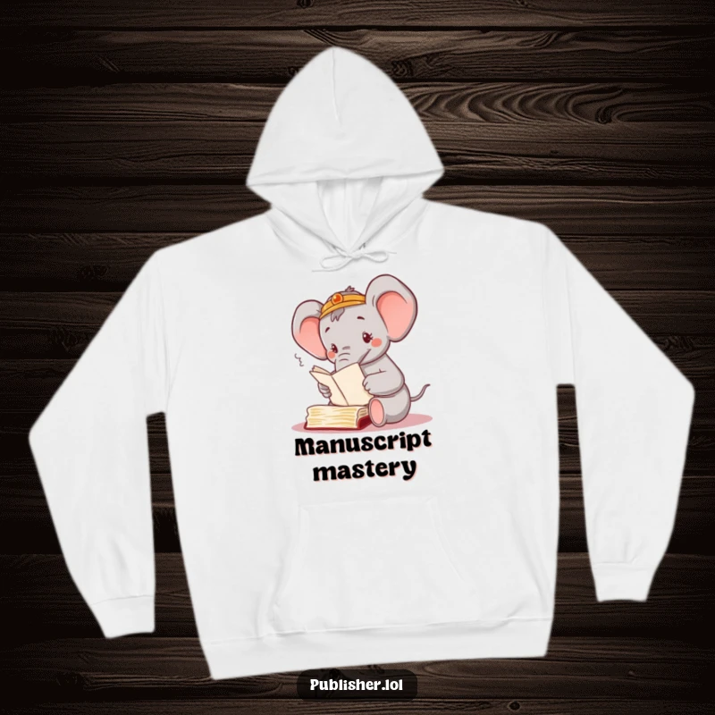 Funny hoodie featuring a busy elephant character diligently sorting through manuscript piles with its trunk, exuding a happy, accomplished vibe.