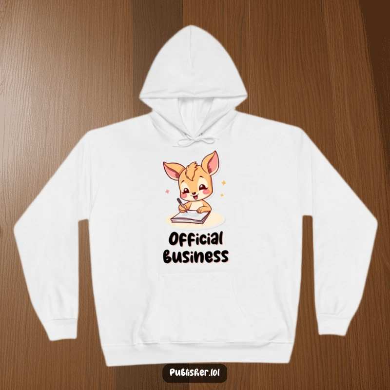 Funny fawn hoodie featuring a joyful character signing a document with a cheerful flourish, ideal for cozy comfort and celebrating achievements.