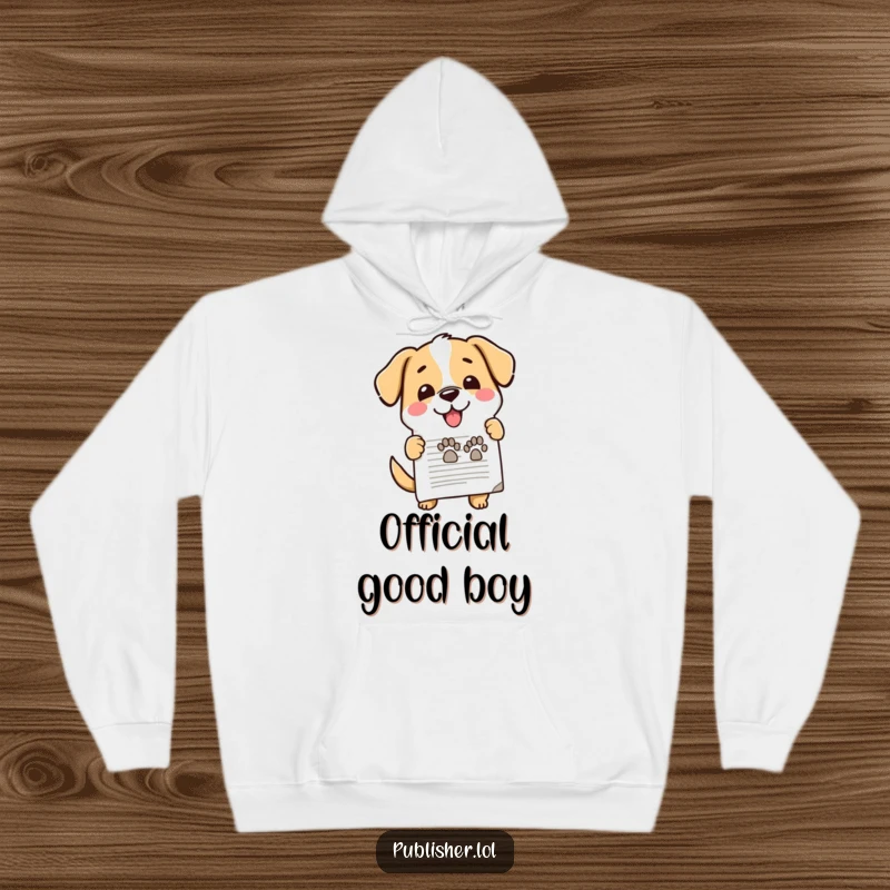 Funny warm hoodie, cute dog enthusiastically stamping document, happy paw mark, office approval, cozy humor for funny gift recipients.