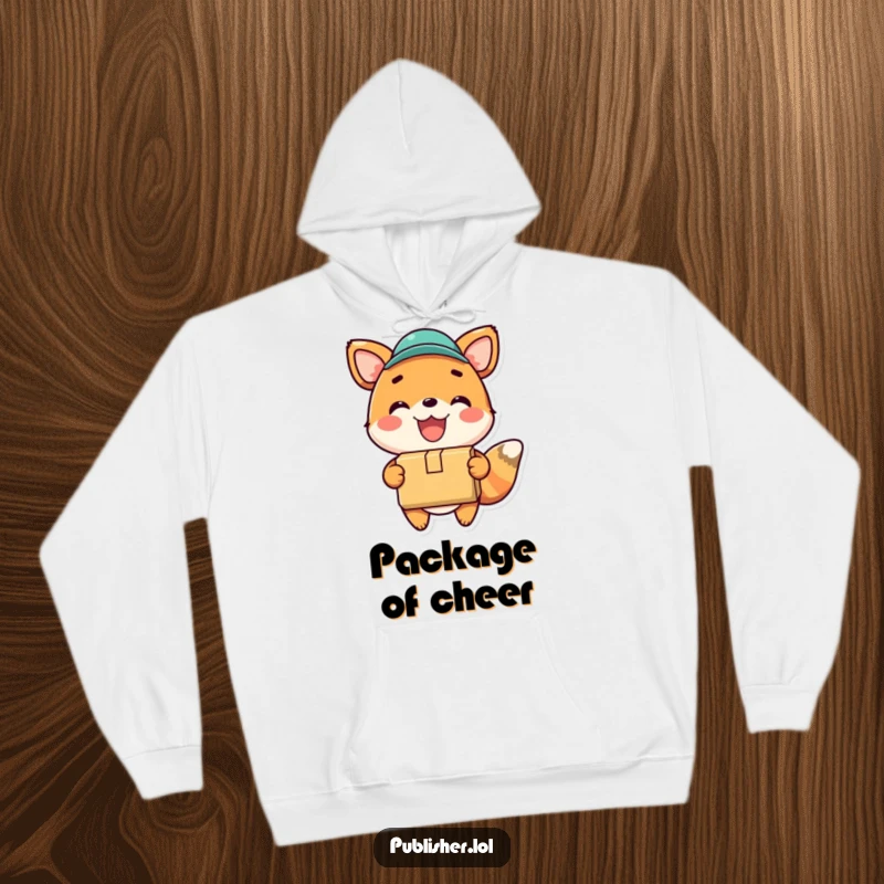 Funny hoodie featuring a happy animal gleefully delivering a package, perfect for staying warm and spreading cheer.