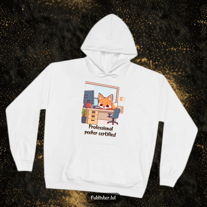 Funny Hoodie featuring a curious fox peeking from behind an office desk, offering warmth and a hint of playful mystery for cozy humor.