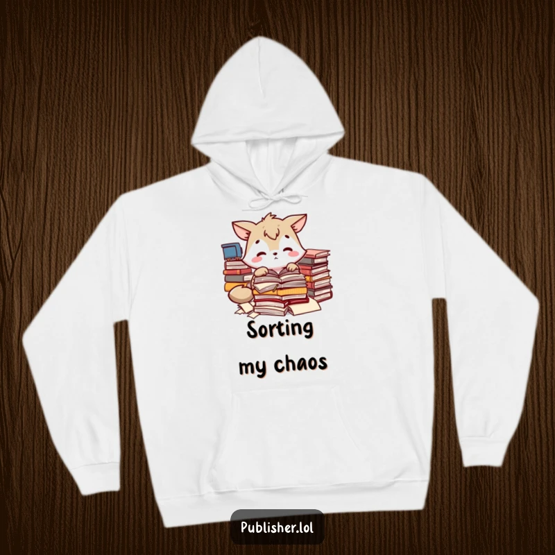 Funny hoodie with an animal character sorting manuscripts, perfect for cozy focus and a funny gift.