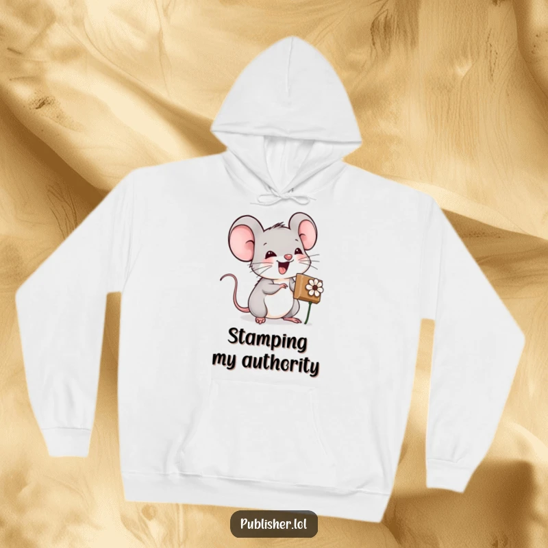 Funny hoodie showcasing an excited mouse character using a flower stamp, symbolizing creativity, handmade charm, and joyful crafting.