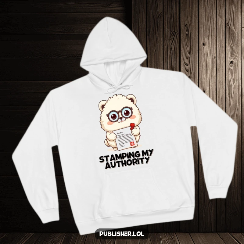 Funny hoodie featuring a fluffy animal with a monocle, officially stamping a document, perfect for cozy and distinguished wear.