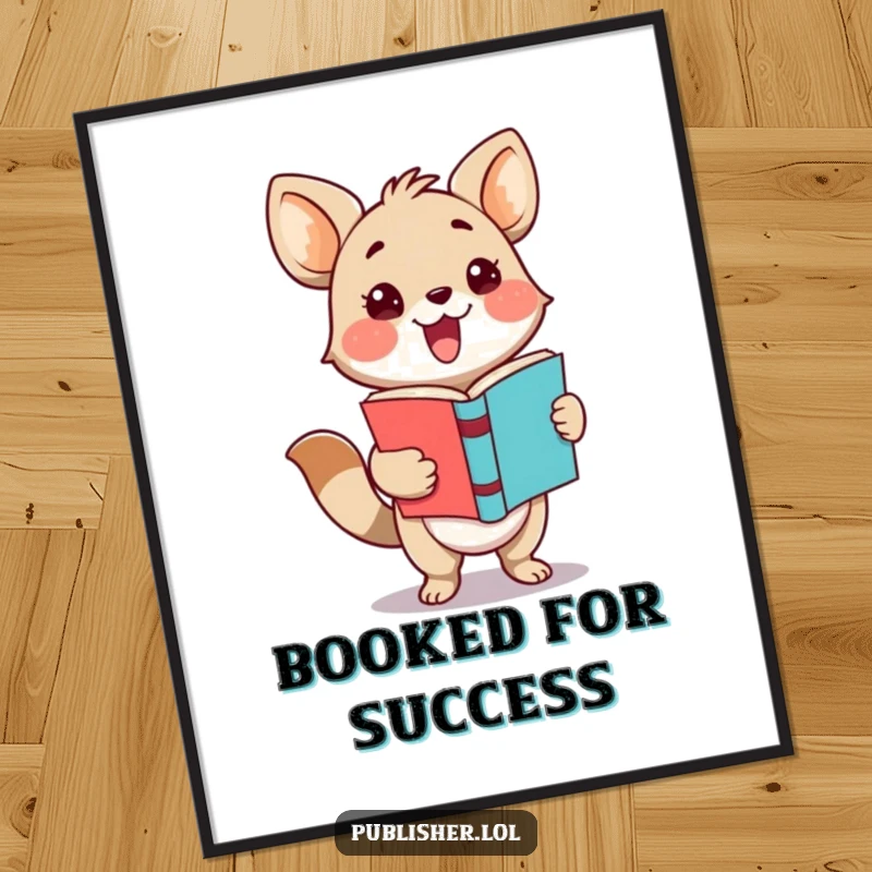 Free Printable Wall Art features an adorable animal character excitedly presenting a newly finished book with a celebratory flourish, perfect for readers.