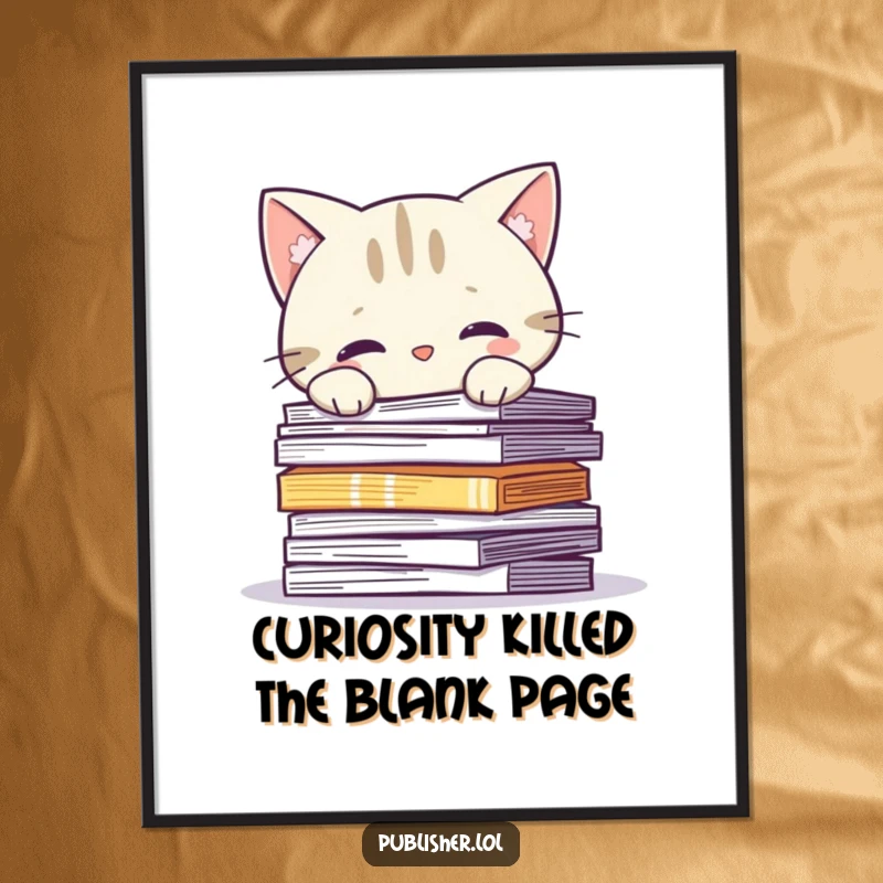 Funny Free Printable Wall Art: Curious cat character playfully peeking over a large stack of printed pages.
