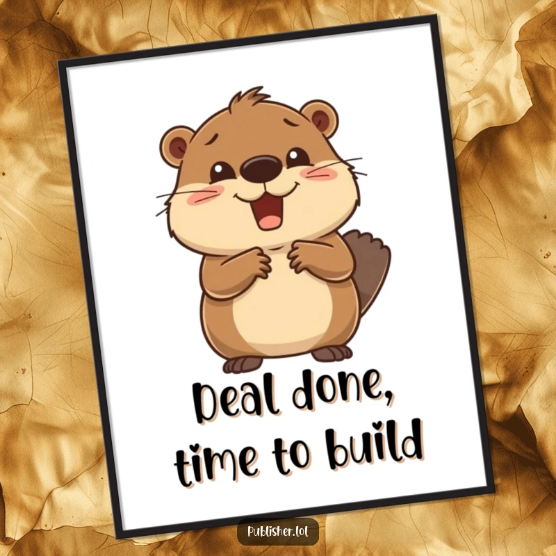 Funny Free Printable Beaver Business Wall Art: Delighted beaver giving a handshake, symbolizing success and good deals.