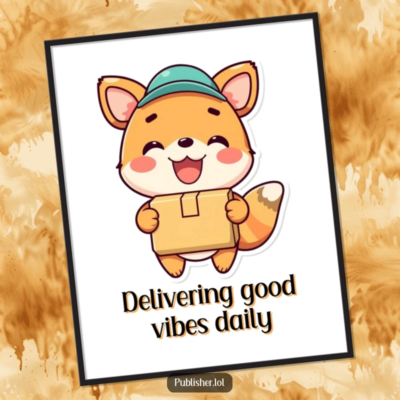Funny Free Printable Wall Art: Happy animal character gleefully delivering a package with a wide smile, embodying cheerful service and joy.