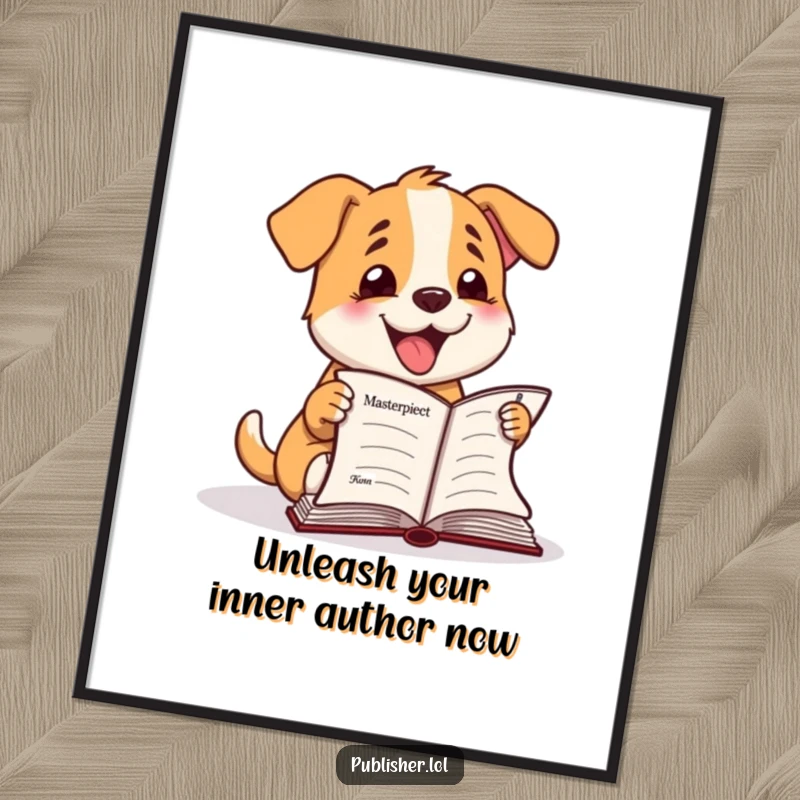Funny Free Printable Wall Art: Happy dog character energetically barking at a finished manuscript, celebrating its completion.