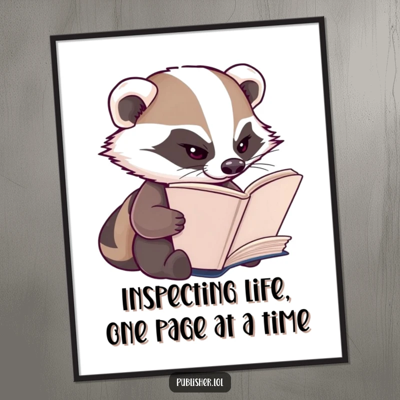 Funny Free Printable Wall Art: Diligent badger squints thoughtfully at a book, adding intellectual humor.