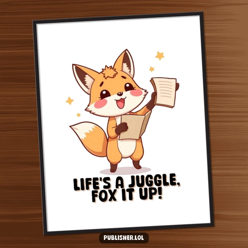 Funny Free Printable wall art: A silly fox playfully tosses a manuscript in the air, radiating an infectious sense of amusement and joy.