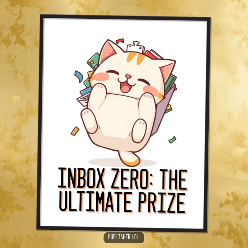 Funny Free Printable Wall Art: Pudgy cat character hilariously tumbling backward from a massive overflowing email inbox, a relatable work struggle.