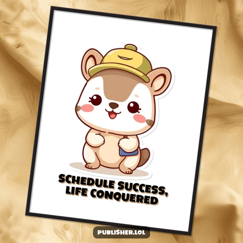 Funny Free Printable Wall Art: An organized small animal wearing a busy schedule hat, looking content and humorous. Whimsical downloadable decor.