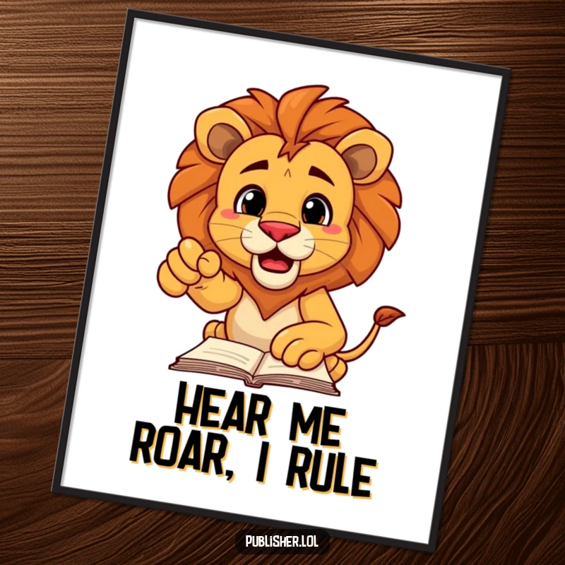 Funny Free Printable Wall Art: Decisive lion character pointing grandly at a manuscript, roaring with authority.