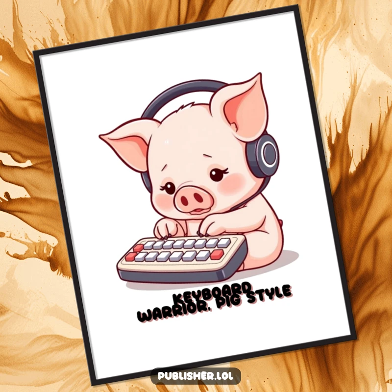 Funny free printable wall art of a round piglet wearing headphones, furiously tapping on a tiny keyboard with multiple paws.