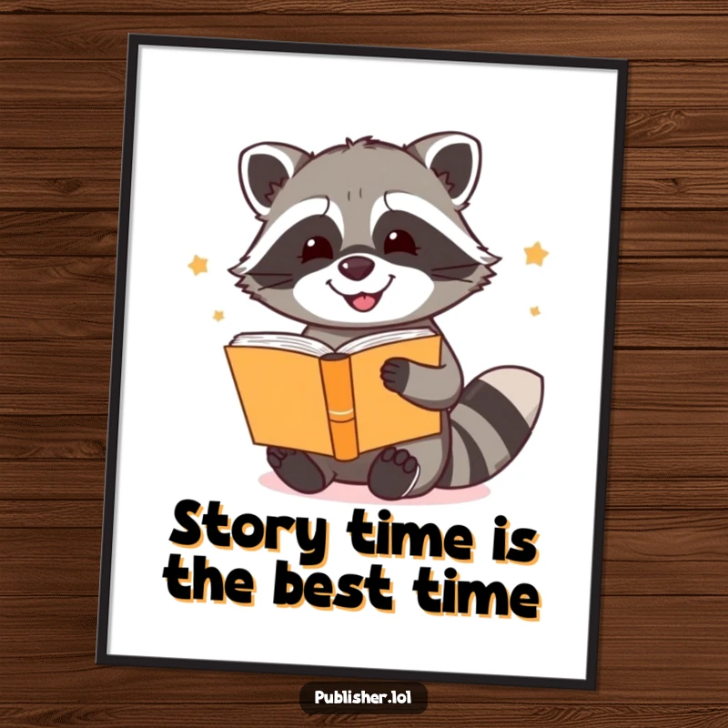 Funny Free Printable Wall Art: A happy raccoon enthusiastically binding a collection of stories, a reader's delight.